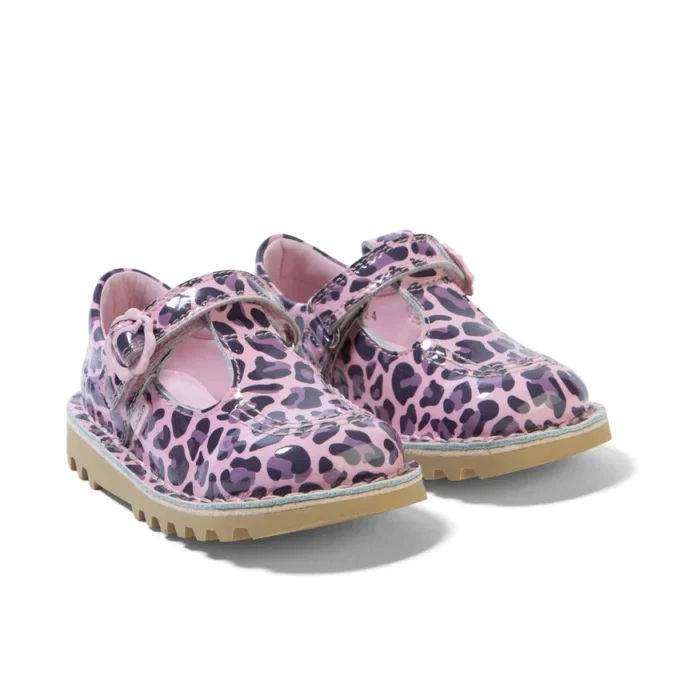 Kick T Bar in vernice leopardata rosa per bambine Kick T Bar in vernice leopardata rosa per bambine
