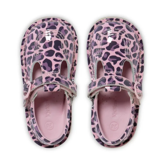 Kick T Bar in vernice leopardata rosa per bambine Kick T Bar in vernice leopardata rosa per bambine