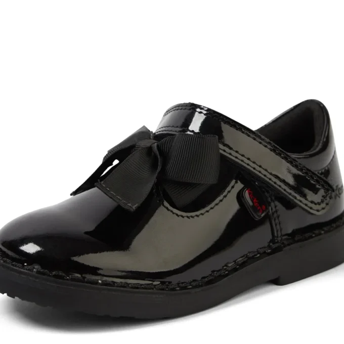 Scarpe Adlar T Bar Bow in vernice nera per bambine Scarpe Adlar T Bar Bow in vernice nera per bambine