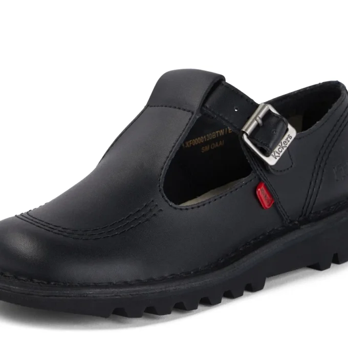 Scarpe da donna Kick T-Bar in pelle nera Scarpe da donna Kick T-Bar in pelle nera