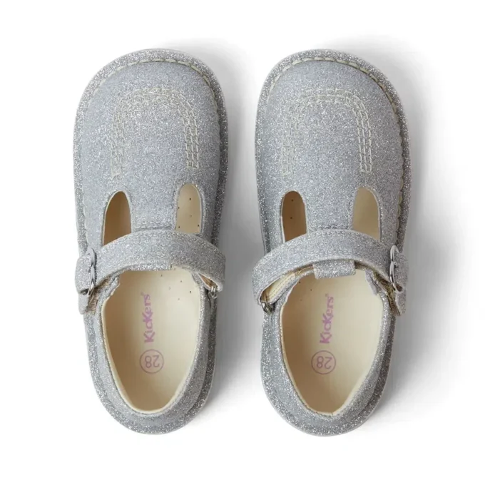 Scarpe da neonato Kick T-Bar Glitter Cosmic in tessuto argento Scarpe da neonato Kick T-Bar Glitter Cosmic in tessuto argento