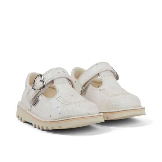 Scarpe Kick T-Bar glitterate unisex per neonati, bianche