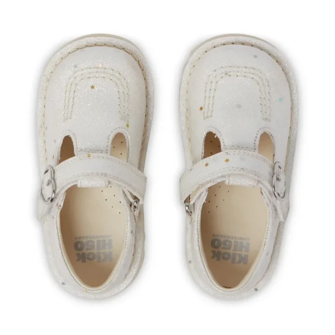 Scarpe Kick T-Bar glitterate unisex per neonati, bianche
