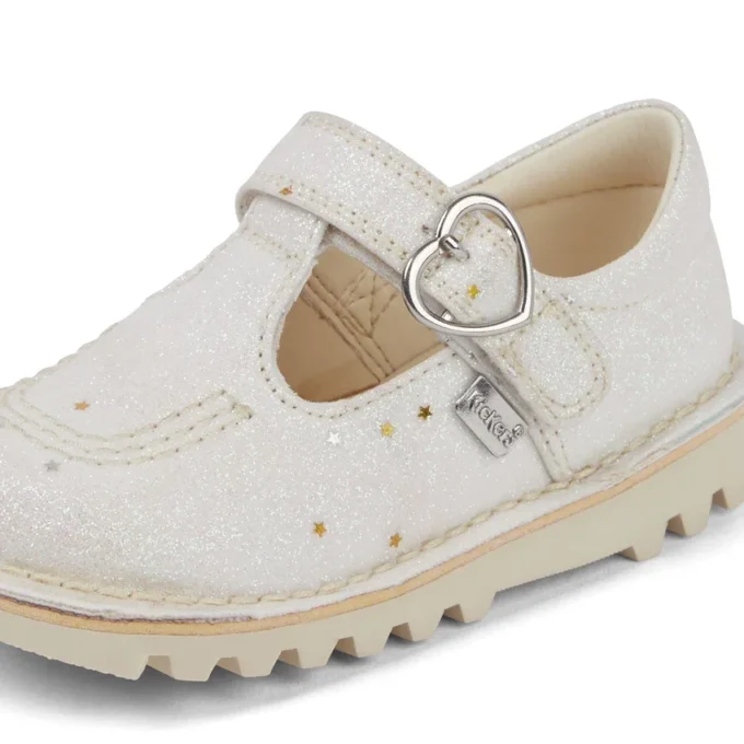 Scarpe Kick T-Bar glitterate unisex per neonati, bianche