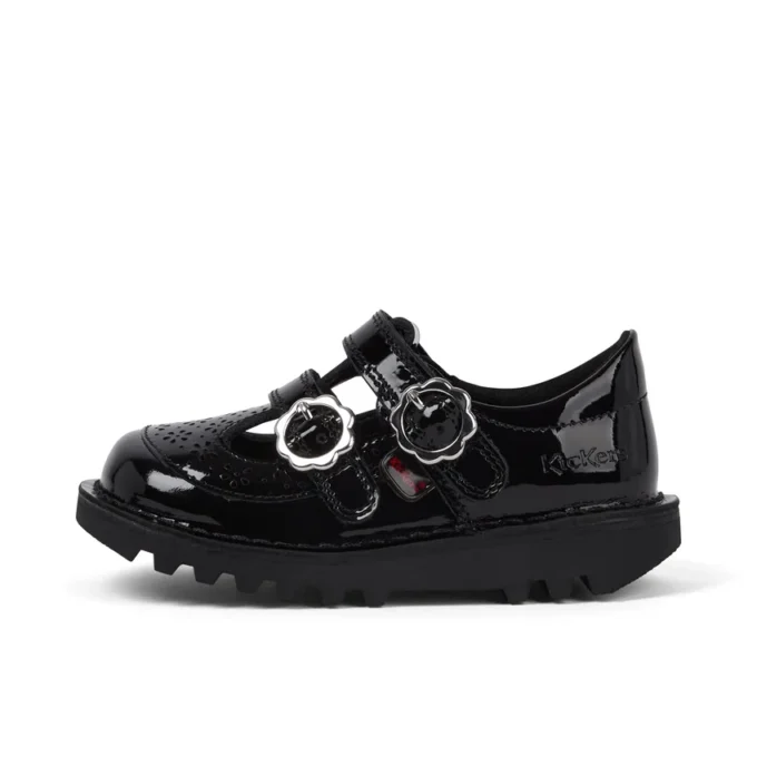 Scarpe Kick T-Bar per bambine in vernice nera Scarpe Kick T-Bar per bambine in vernice nera
