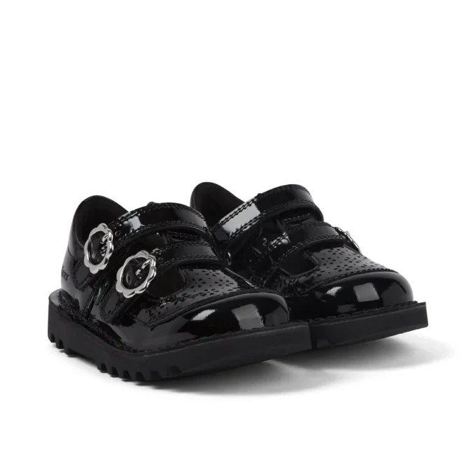 Scarpe Kick T-Bar per bambine in vernice nera Scarpe Kick T-Bar per bambine in vernice nera